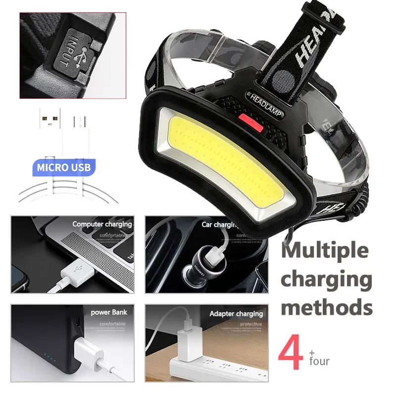 COB LED Headlamp USB Rechargeable Red White Light Fishing Headlight Waterproof Night Outdoor Camping Hunting Head Light Lantern