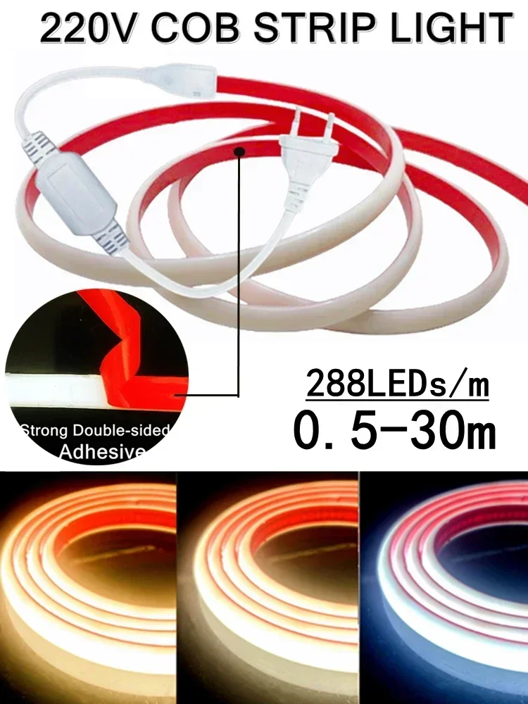 30m 220V COB LED Light Strip IP68 Waterproof Adhesive Tape With EU Plug Flex Silicone Tube Lamp For Home Outdoor Garden Lighting