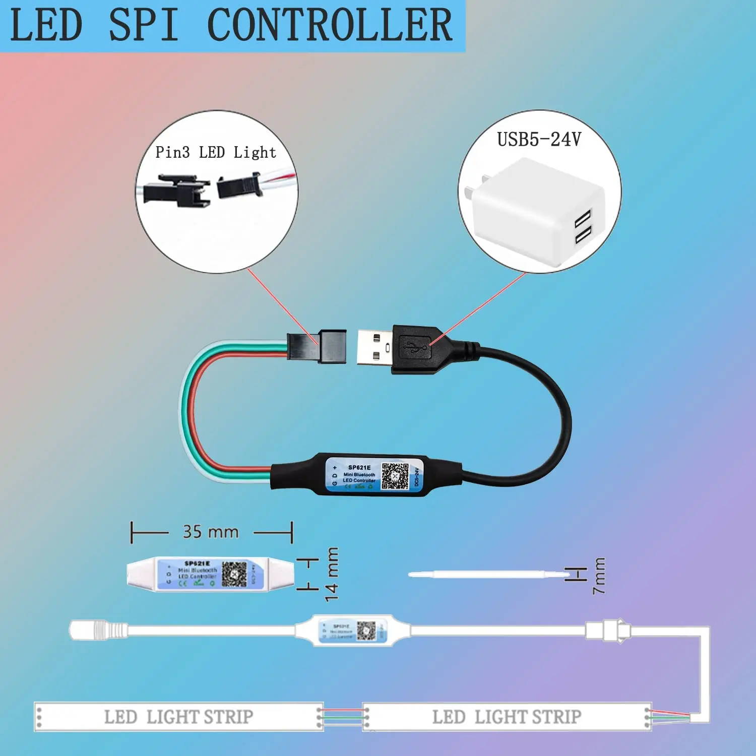 SP621E Mini Bluetooth Controller APP Control Suitable for WS2811 WS2812B SP6812 LED Light Strip DC5-24V USB with 38 Key Remote C