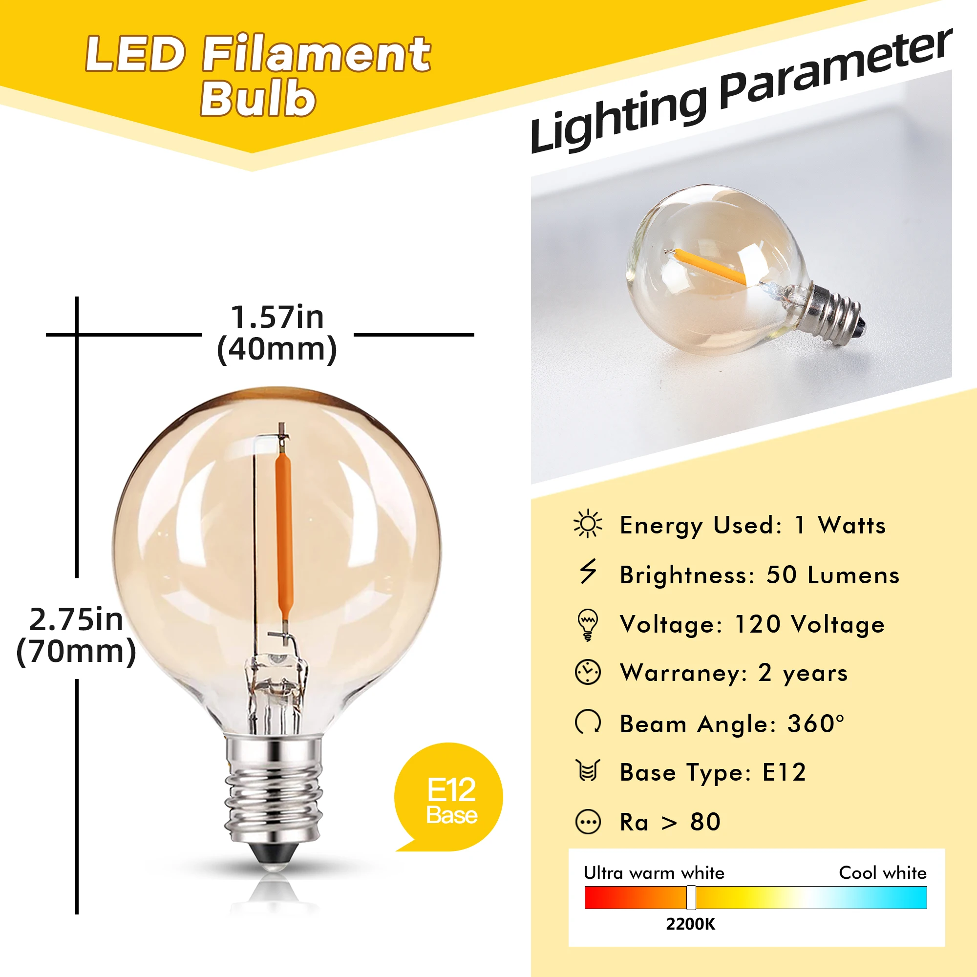LED G40 1W PET Shatterproof Light Bulb E12 110V 220V Dimmable Waterproof Plastic Led Globe Outdoor String Light Replace Bulbs