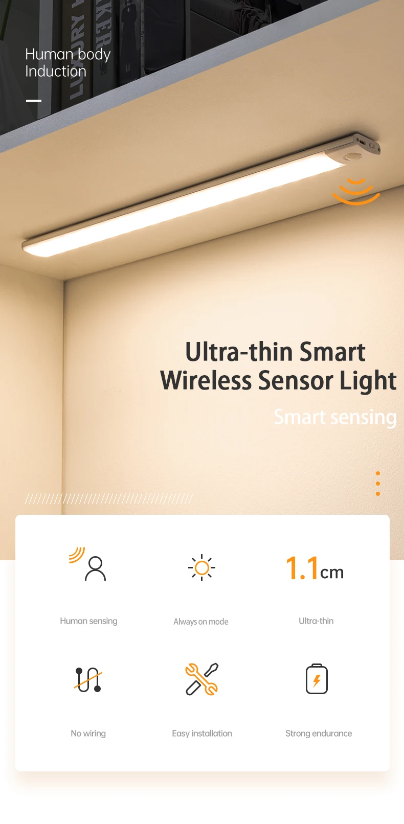 LED Cabinet Light USB Type-C Rechargeable Motion Sensor Led Lamp for Kitchen Wardrobe Cabinet Lighting 20cm/30cm/40cm/50cm/60cm