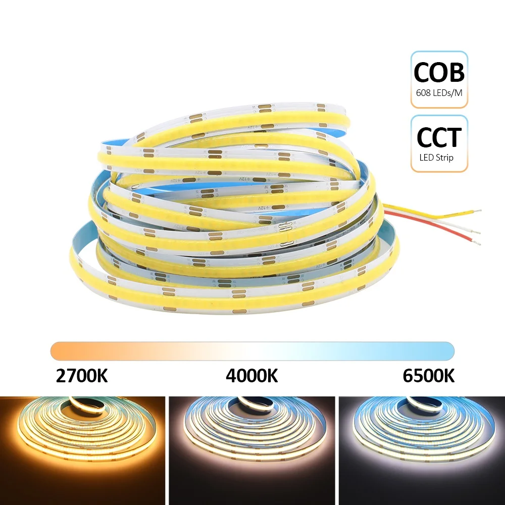 5M COB CCT LED Strip 12V 24V DC 608LEDs FCOB LED Light Dimmable Dual White Color 10MM PCB High Density Flexible Ra90 Linear Tape
