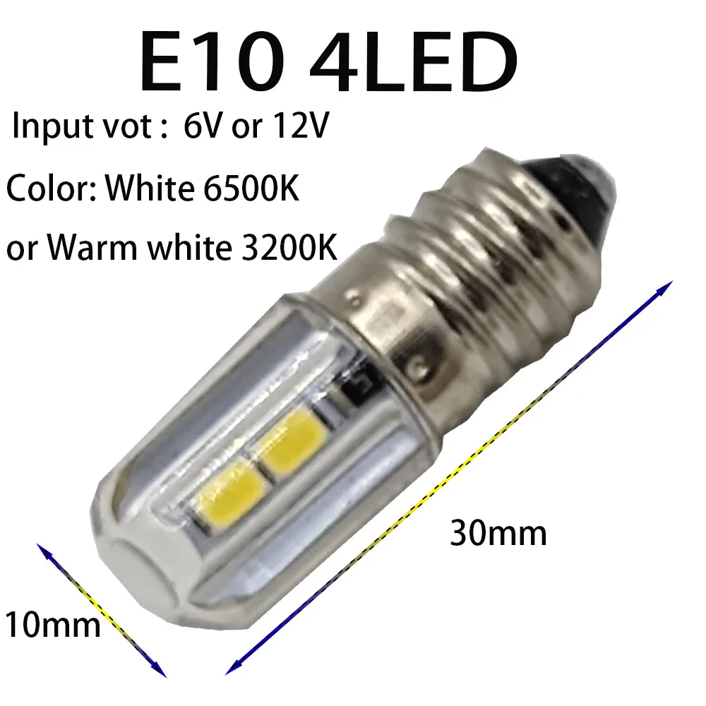 E10 4SMD DC 3V 6V 12V E10 LED Bulb For Flashlight Replacement Torch Work Light Instrument Lamp White and Warm White