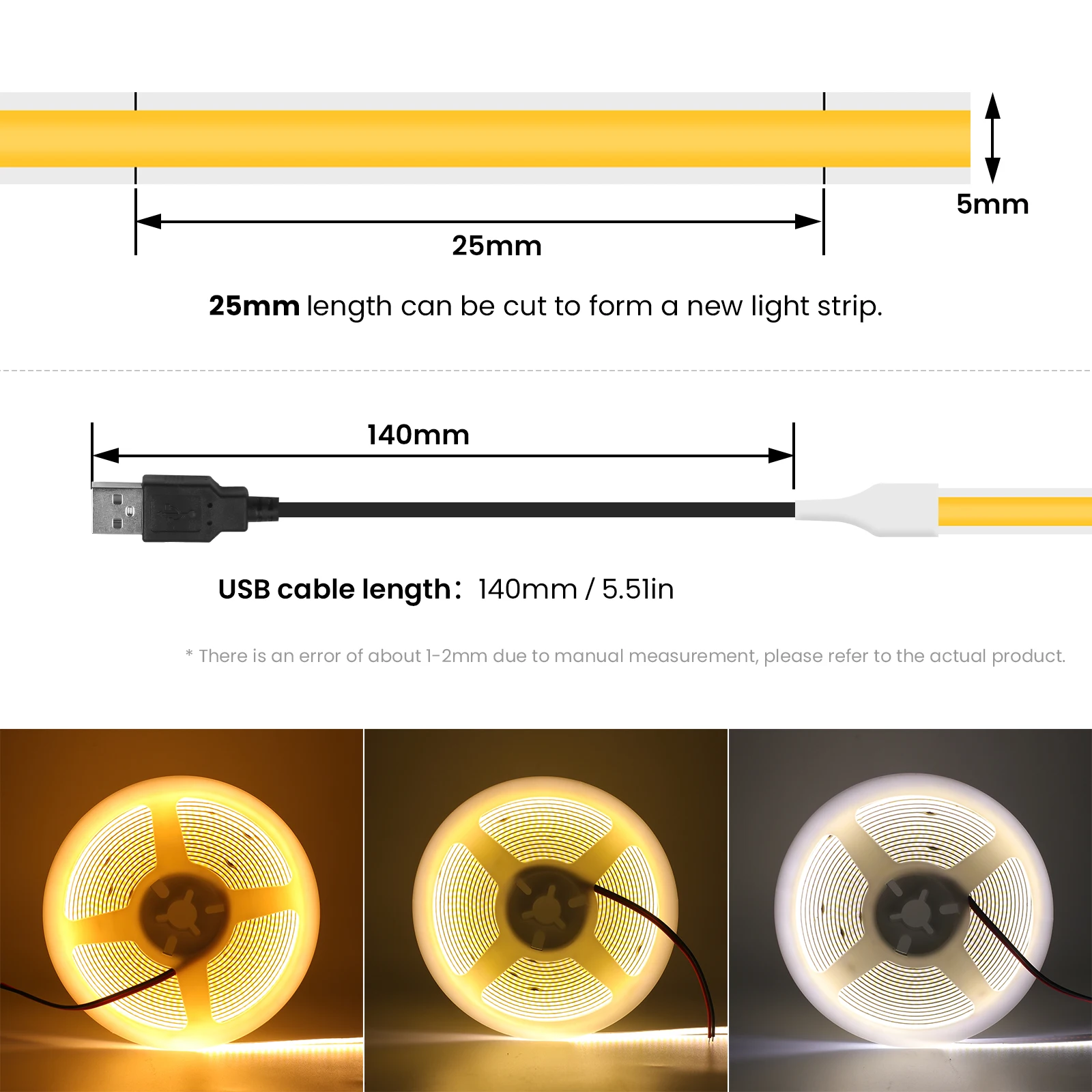 USB Dimmable COB LED Strip Light 3MM 5MM 8MM RA90 High Density 320LEDs/M 3000K 4000K 6500K FOB Flexible Ribbon Tape Rope Lamp