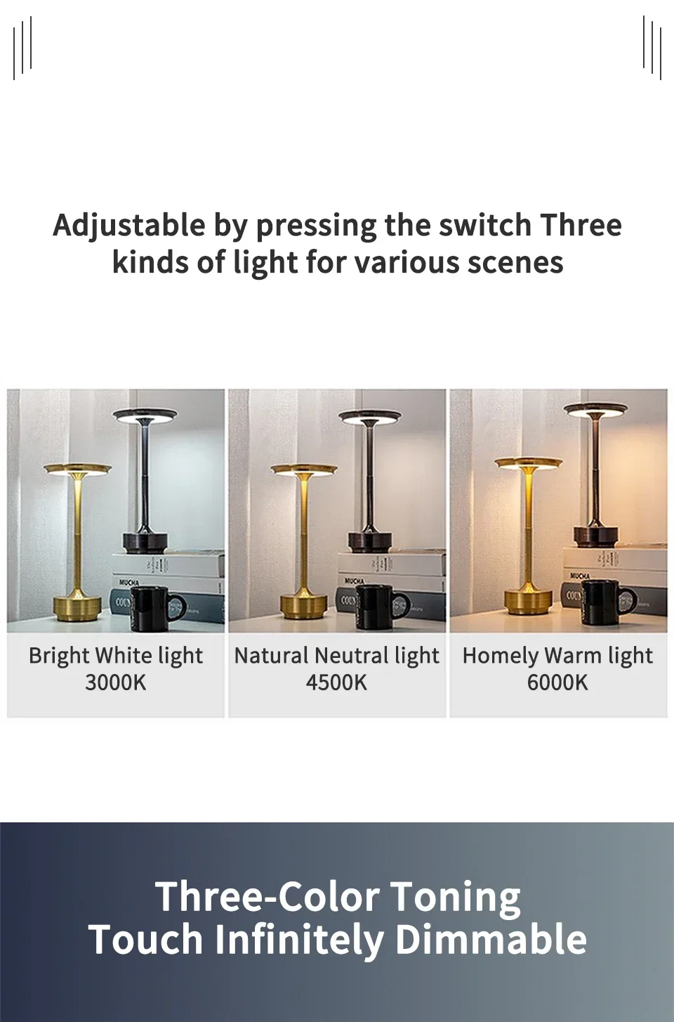 HPH Wireless Table Lamp for Bedroom USB Rechargeable Touch Lamp Cordless Creative Lamps Room Decoration Desk Lamp