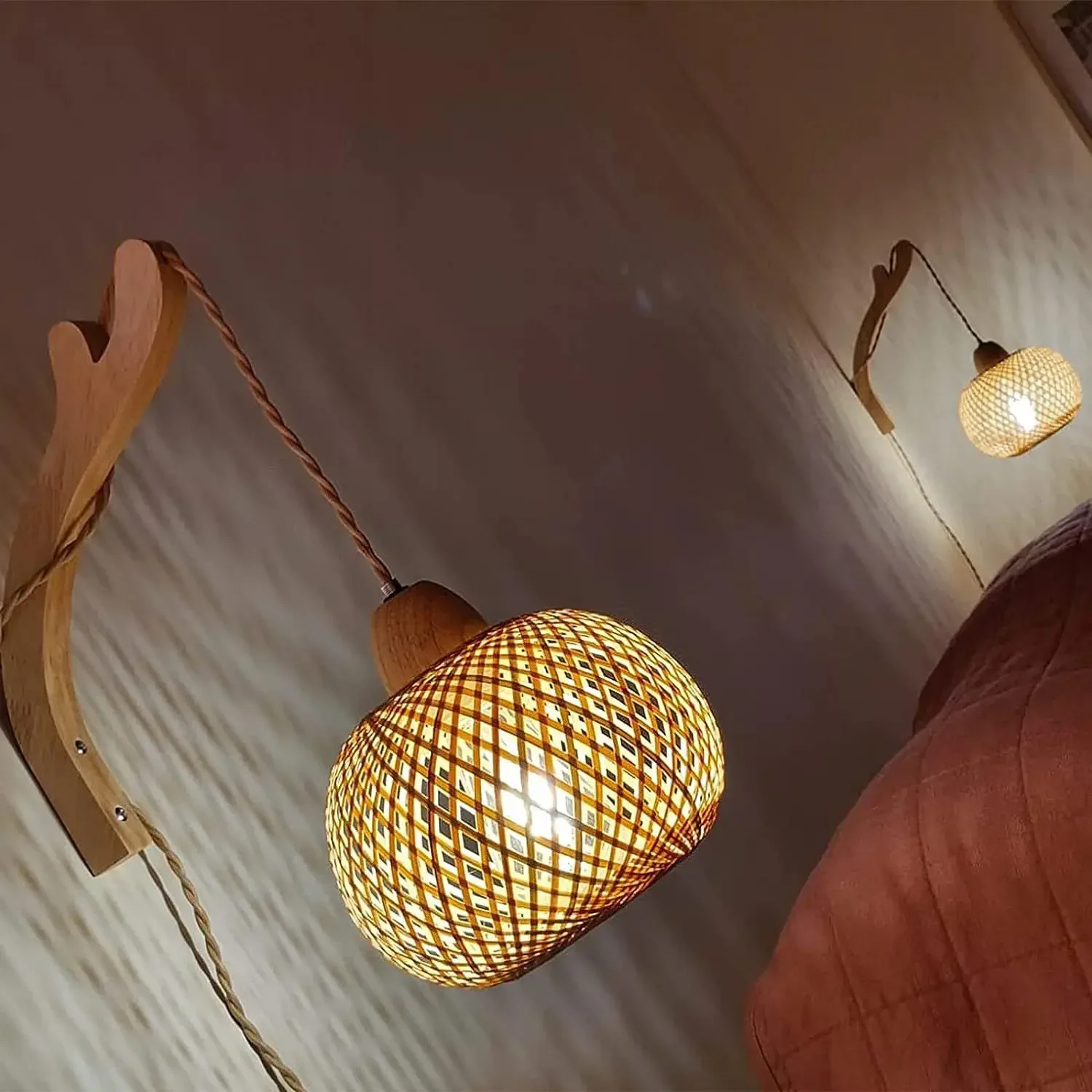 Bamboo Lantern Wall Lamp Natural Rattan Wicker E27 Chandeliers Hand-Woven Bamboo Room Decor Lampshades Wall Light Fixtures