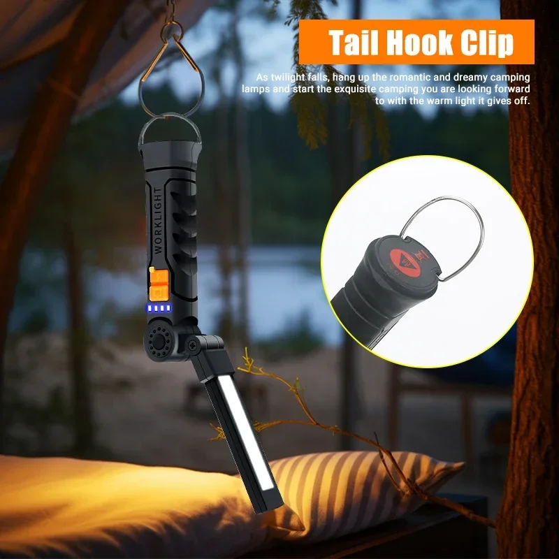 Powerful LED Flashlight USB Rechargeable COB Work Light Magnetic Lanterna Hanging Lamp with Built-in Battery Camping Torch