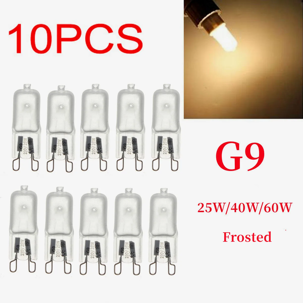 10pcs G9 AC 200-240V 25W 40W 60W Portable Warm Light Halogen Bulb Light Lamp 2700K Globe Capsule Clear Bulbs 2 Pin Base