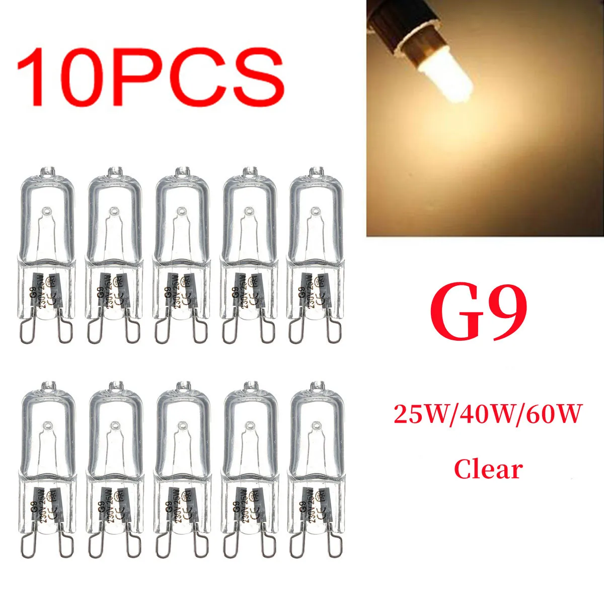 10pcs G9 AC 200-240V 25W 40W 60W Portable Warm Light Halogen Bulb Light Lamp 2700K Globe Capsule Clear Bulbs 2 Pin Base
