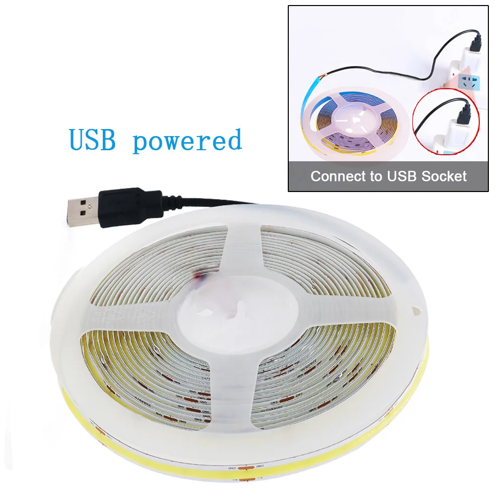 5V USB COB Led Strip Light White/Red/Green/Pink/Ice Blue/Yellow 320 Leds Flexible Ribbon DC Night Lamp TV Backlights Home Decor