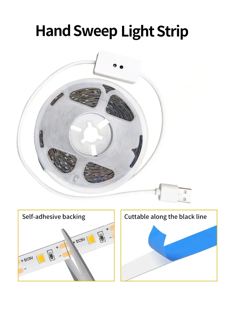 LED Under Cabinet Light 1M-10M 5V USB LED Strip with Hand Sweep Motion Sensor Switch Kitchen Stairs Wardrobe Bedside Backlight