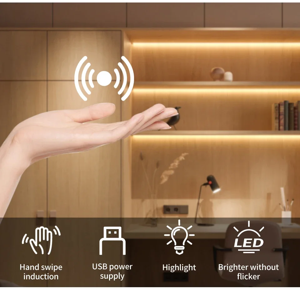 LED Under Cabinet Light 1M-10M 5V USB LED Strip with Hand Sweep Motion Sensor Switch Kitchen Stairs Wardrobe Bedside Backlight