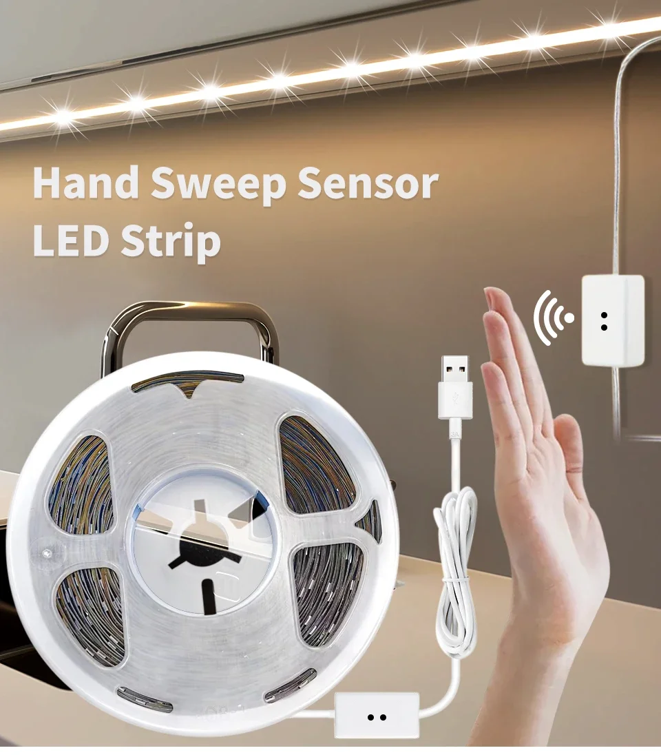 LED Under Cabinet Light 1M-10M 5V USB LED Strip with Hand Sweep Motion Sensor Switch Kitchen Stairs Wardrobe Bedside Backlight