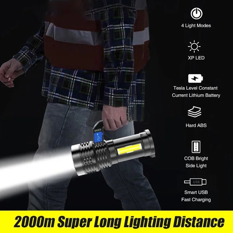 Portable LED USB Rechargeable Flashlight with Torch Waterproof Fishing Hunting Camping LED Flashlight Lighting 2km Long Distance