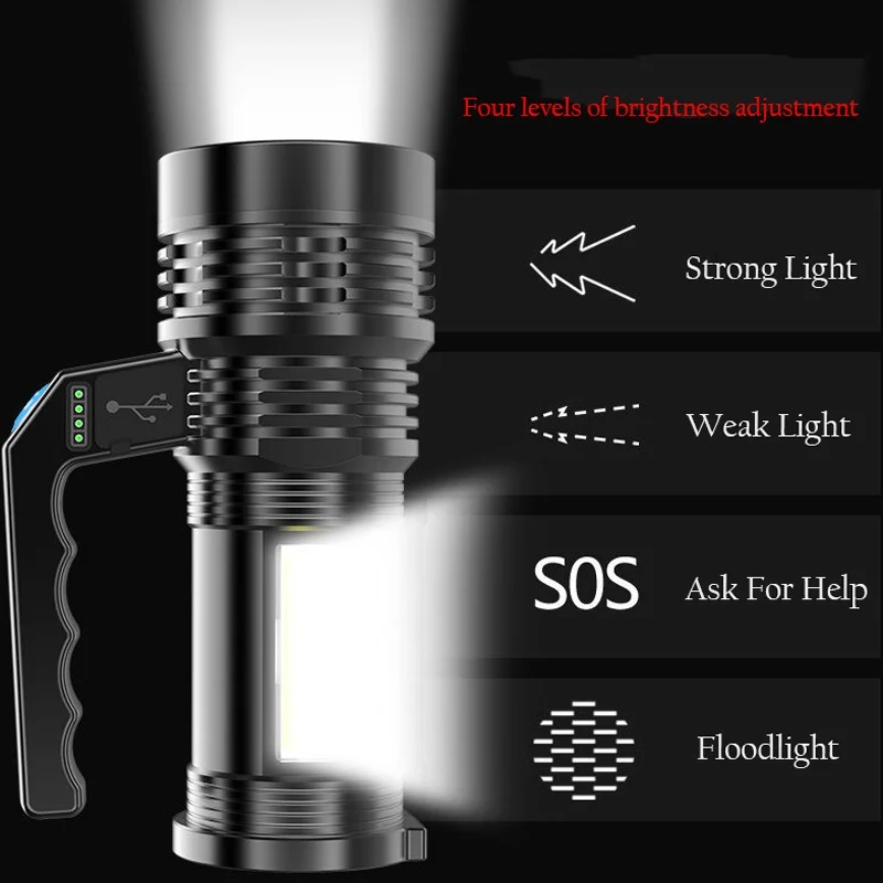 Portable LED USB Rechargeable Flashlight with Torch Waterproof Fishing Hunting Camping LED Flashlight Lighting 2km Long Distance