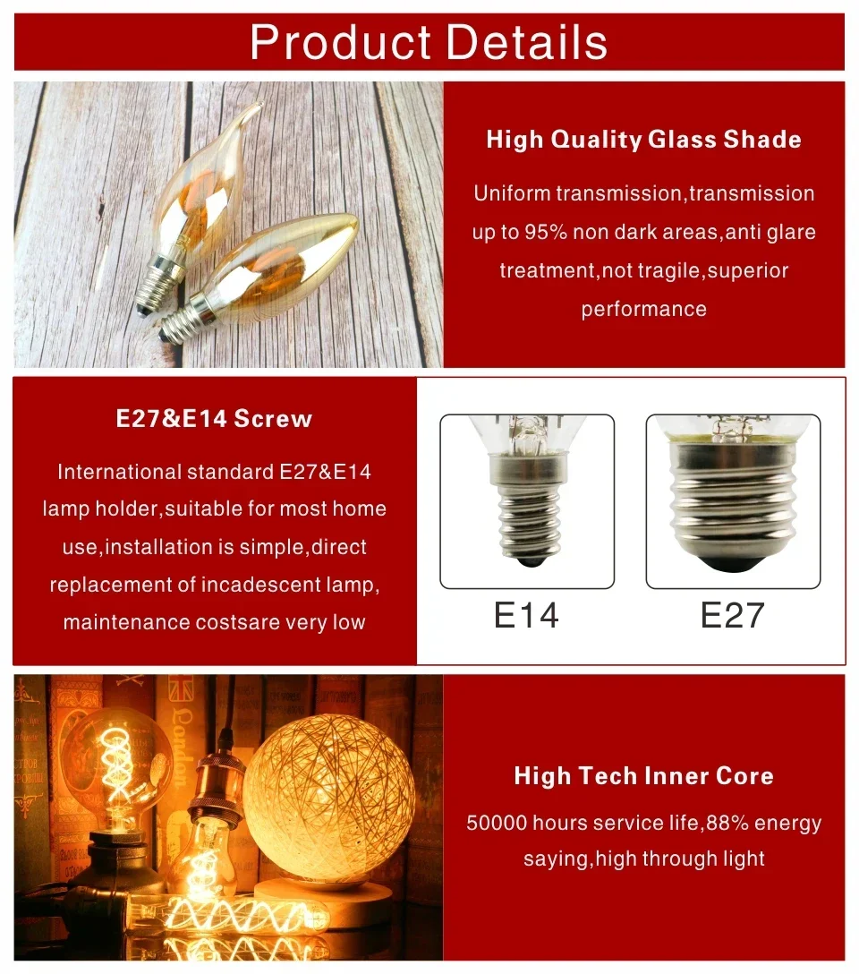 E14 E27 Retro LED Spiral Filament Light Bulb 4W Warm Yellow 220V C35 A60 T45 ST64 T185 T225 G80 G95 G125 Vintage Edison Lamp