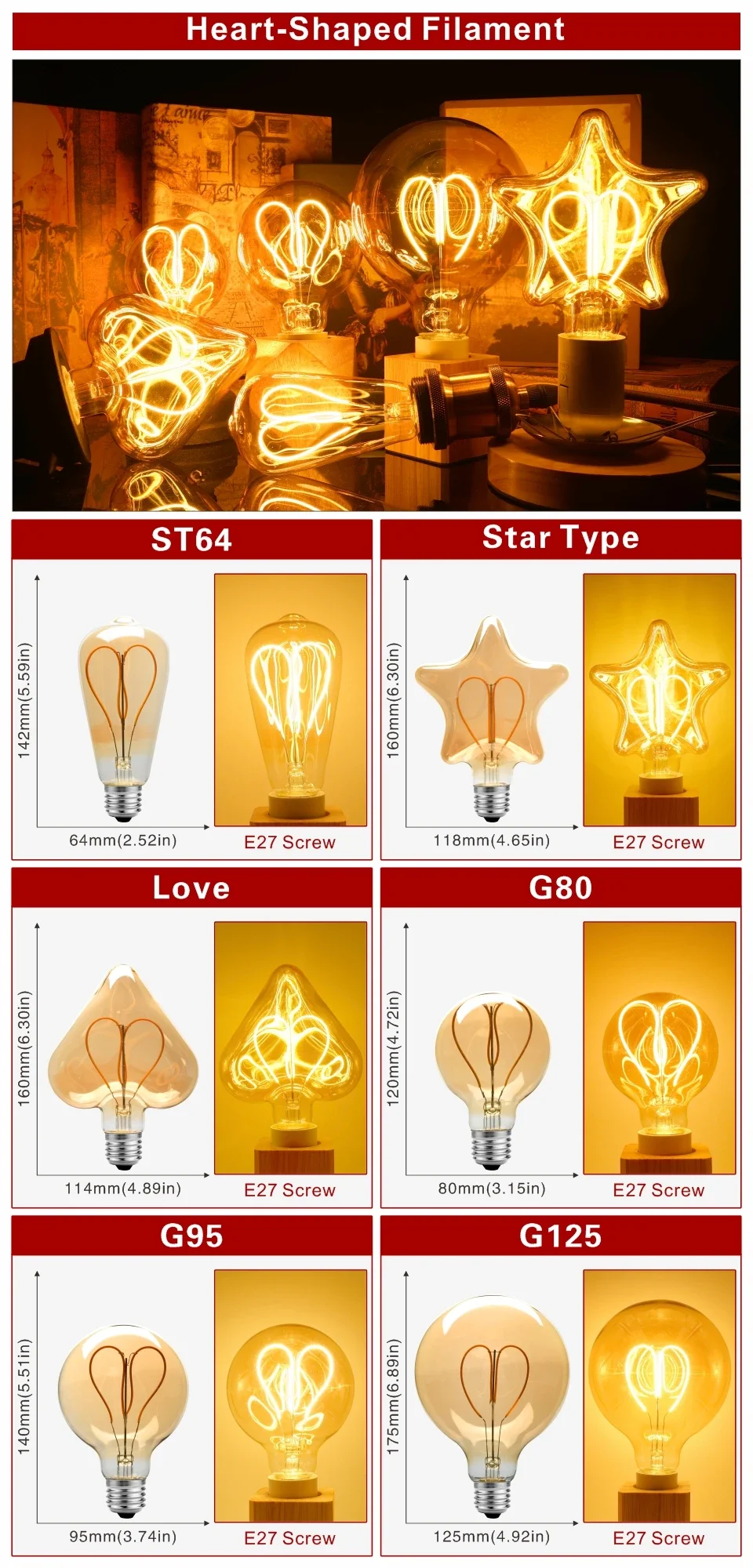 E14 E27 Retro LED Spiral Filament Light Bulb 4W Warm Yellow 220V C35 A60 T45 ST64 T185 T225 G80 G95 G125 Vintage Edison Lamp