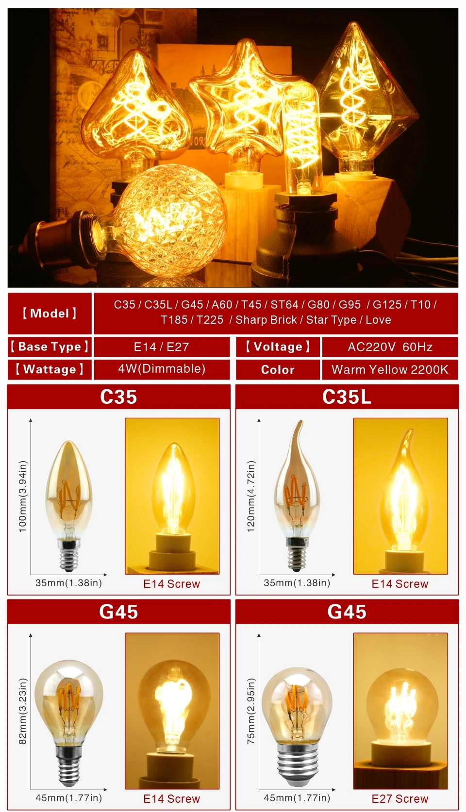 E14 E27 Retro LED Spiral Filament Light Bulb 4W Warm Yellow 220V C35 A60 T45 ST64 T185 T225 G80 G95 G125 Vintage Edison Lamp