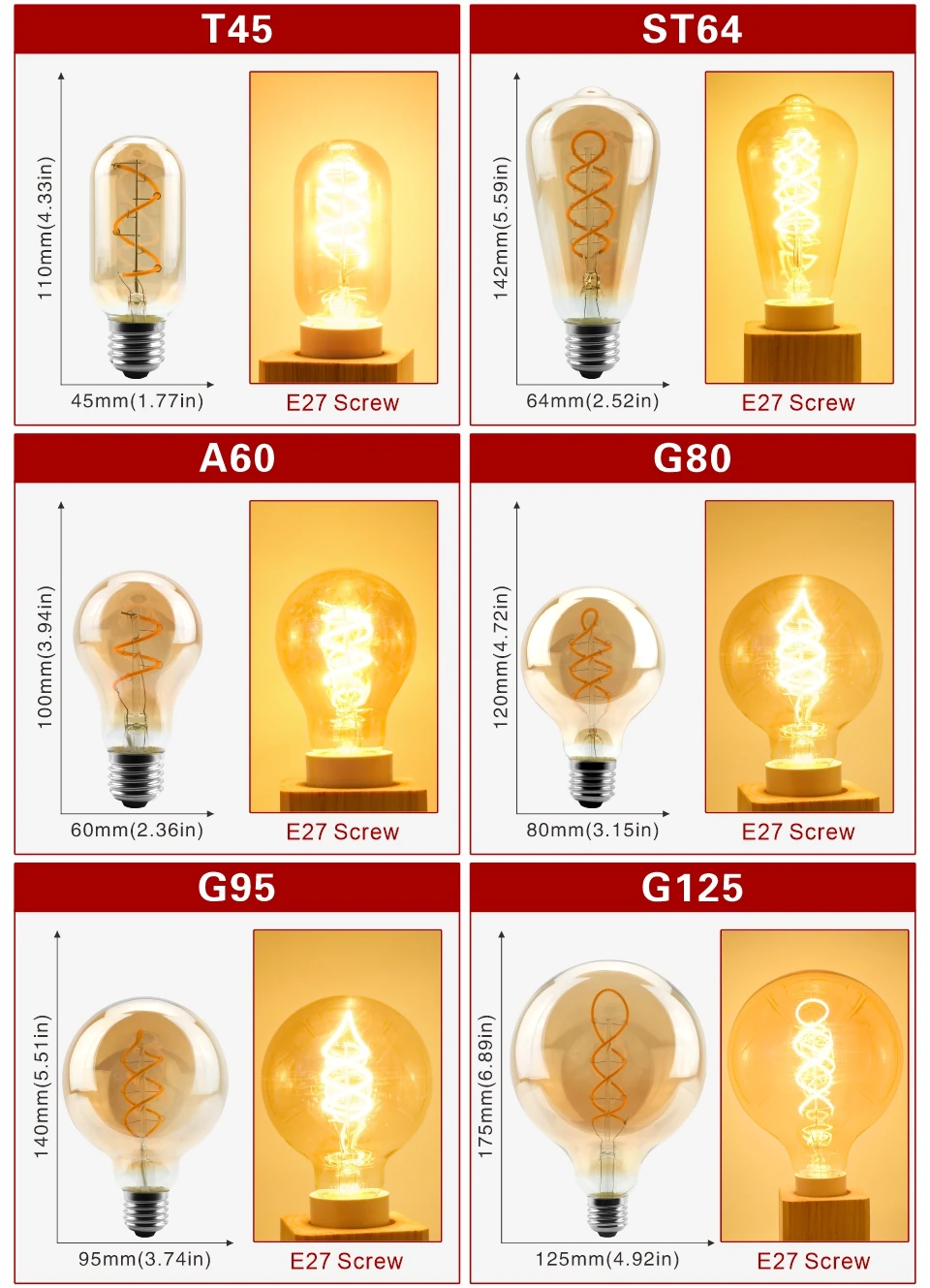 E14 E27 Retro LED Spiral Filament Light Bulb 4W Warm Yellow 220V C35 A60 T45 ST64 T185 T225 G80 G95 G125 Vintage Edison Lamp