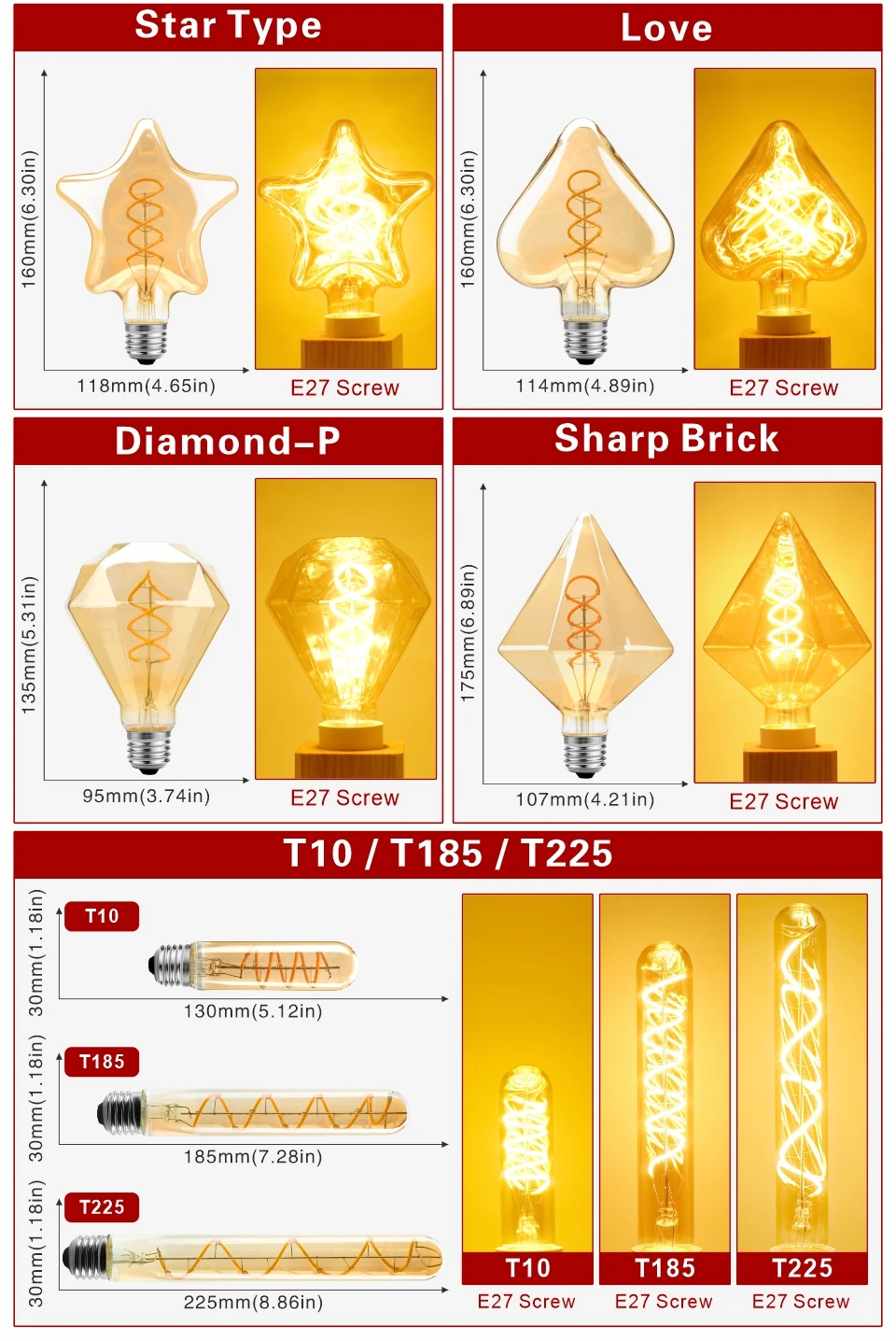 E14 E27 Retro LED Spiral Filament Light Bulb 4W Warm Yellow 220V C35 A60 T45 ST64 T185 T225 G80 G95 G125 Vintage Edison Lamp