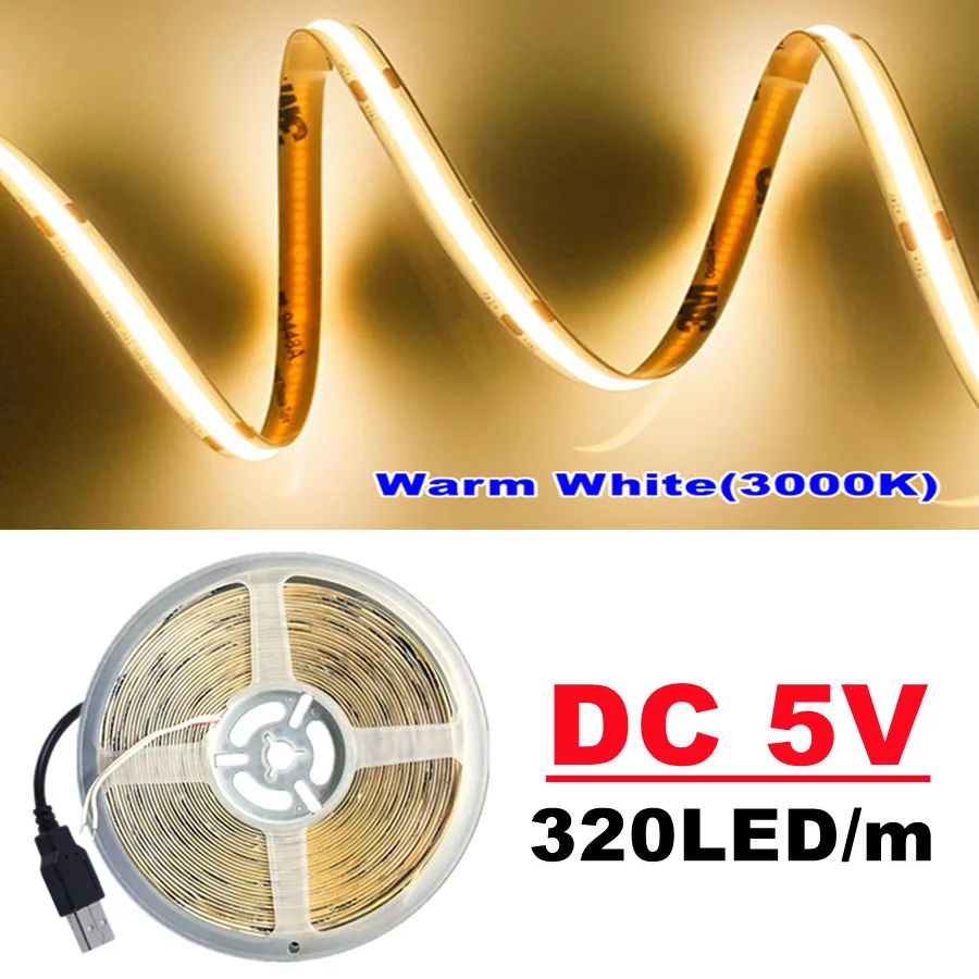 DC 5V USB COB Led Strip Light USB powered High Density Linear Lighting 320LED/m Flexible LED strip 3000K/4500K/6500K Colors