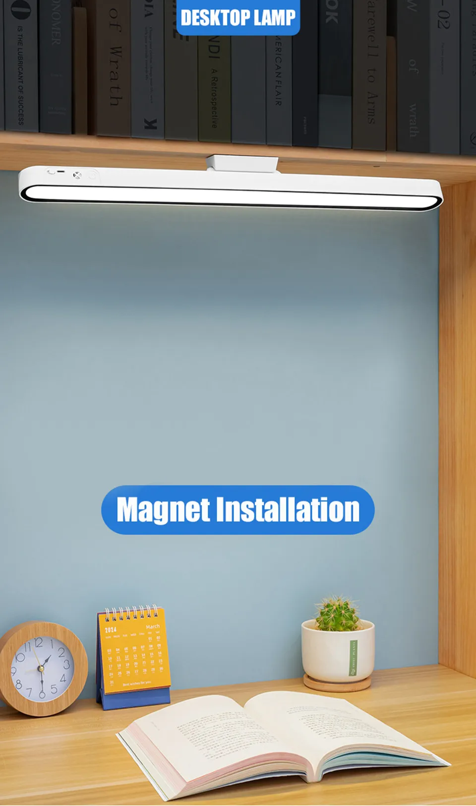 Desk Lamp 48cm Hanging Magnetic Table Lamp USB Or Rechargeable LED Reading Light Dimmable Cabinet Bedside Mirror Night Light
