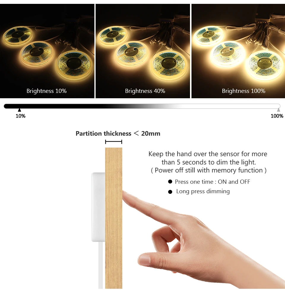 8MM Kitchen Shelf Led Light With Touch Sensor Switch Dimming COB Lights Hand Sweep Motion Under Cabinet Lamp Bedroom Lighting