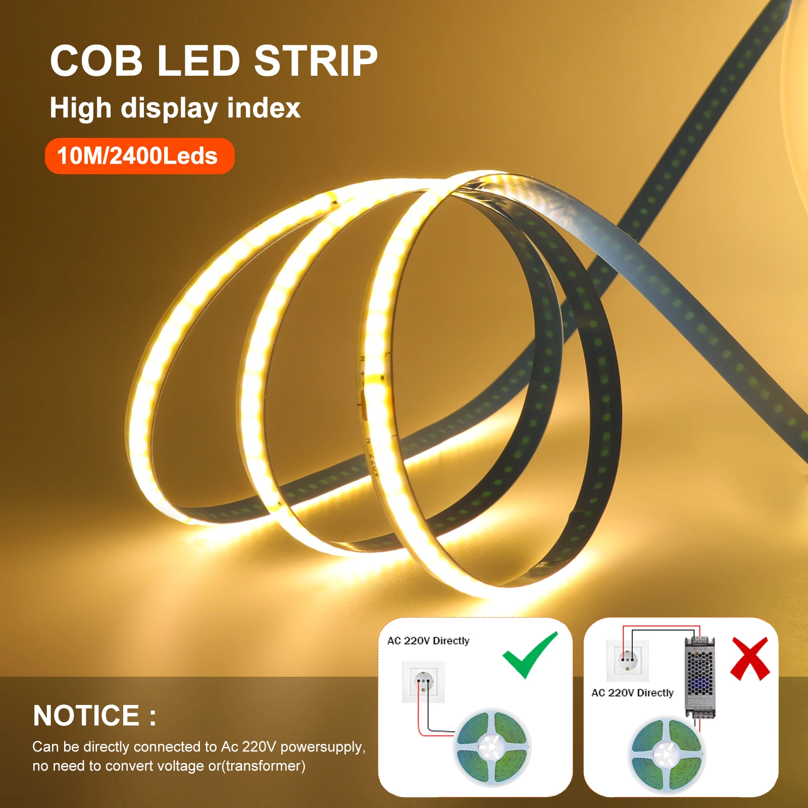 AC 220V COB LED Strip Light 5M 10M 20M 50M Flexible COB LED Tape with Adhesive Tape 240LEDs High Density Linear Lighting Ribbon