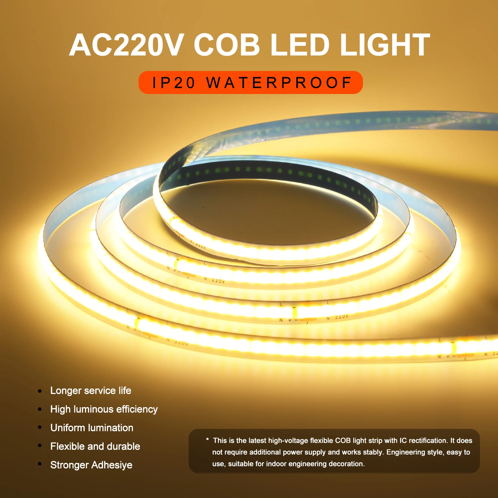 AC 220V COB LED Strip Light 5M 10M 20M 50M Flexible COB LED Tape with Adhesive Tape 240LEDs High Density Linear Lighting Ribbon