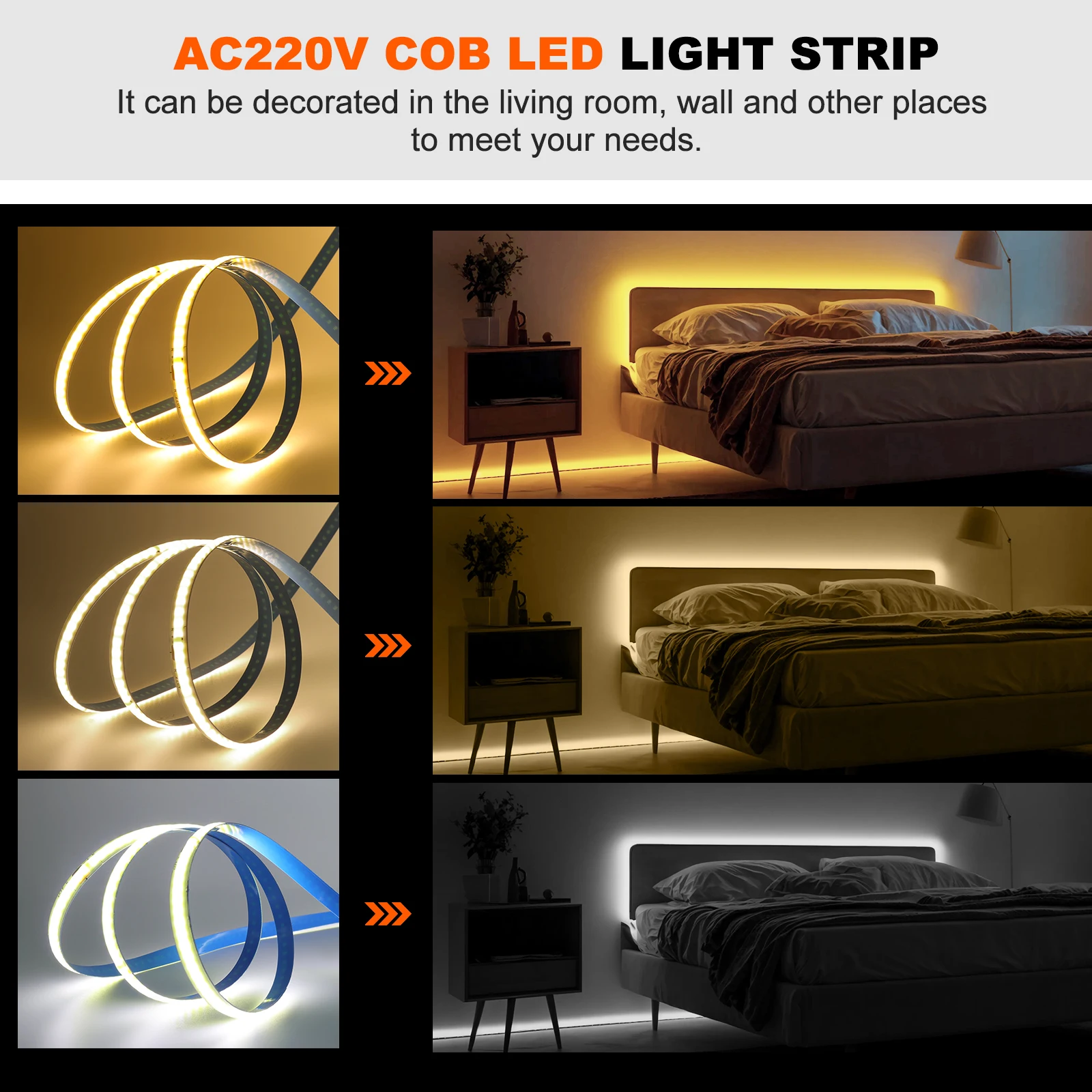AC 220V COB LED Strip Light 5M 10M 20M 50M Flexible COB LED Tape with Adhesive Tape 240LEDs High Density Linear Lighting Ribbon