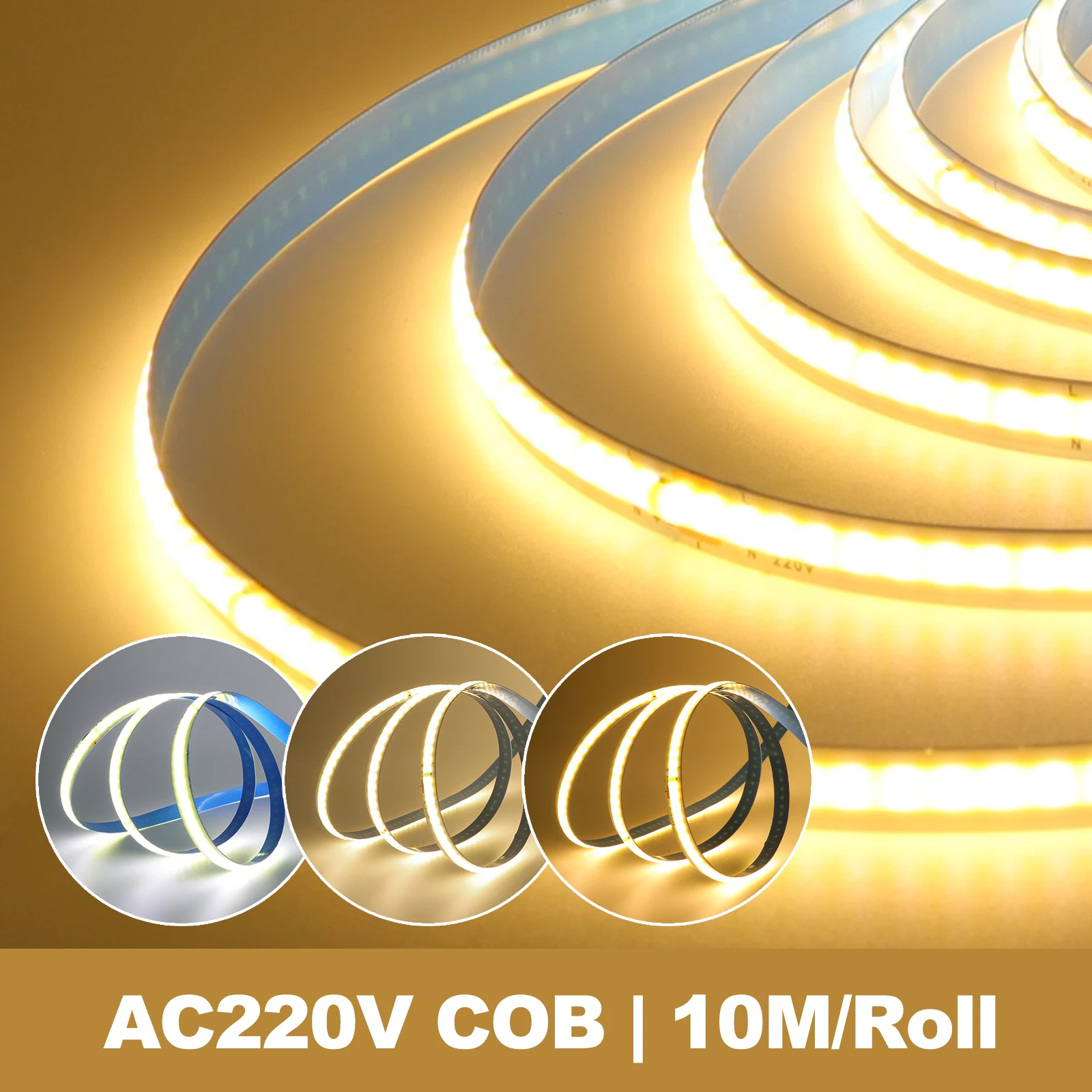 AC 220V COB LED Strip Light 5M 10M 20M 50M Flexible COB LED Tape with Adhesive Tape 240LEDs High Density Linear Lighting Ribbon