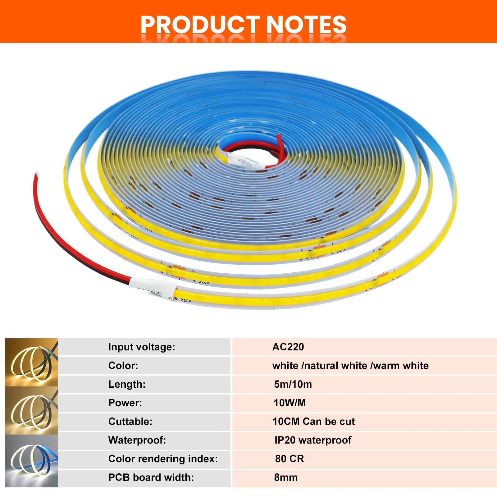 AC 220V COB LED Strip Light 5M 10M 20M 50M Flexible COB LED Tape with Adhesive Tape 240LEDs High Density Linear Lighting Ribbon