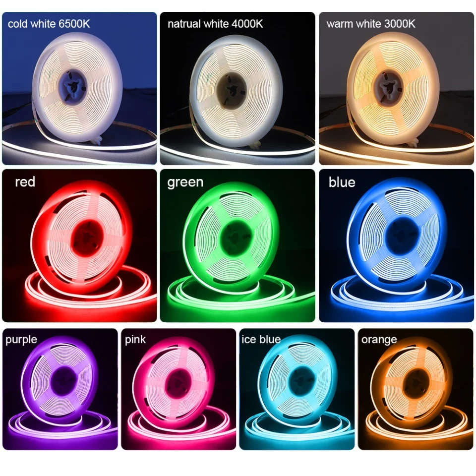 4mm COB LED Strip Light Flexible 12V 24V 480LED/m 3000K 4000K 6500K Orange Purple Pink Led Tape for Home Kitchen Car Decoration
