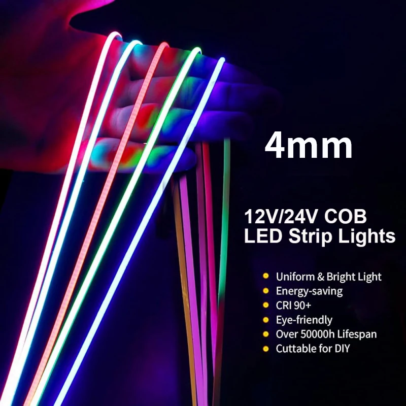 4mm COB LED Strip Light Flexible 12V 24V 480LED/m 3000K 4000K 6500K Orange Purple Pink Led Tape for Home Kitchen Car Decoration