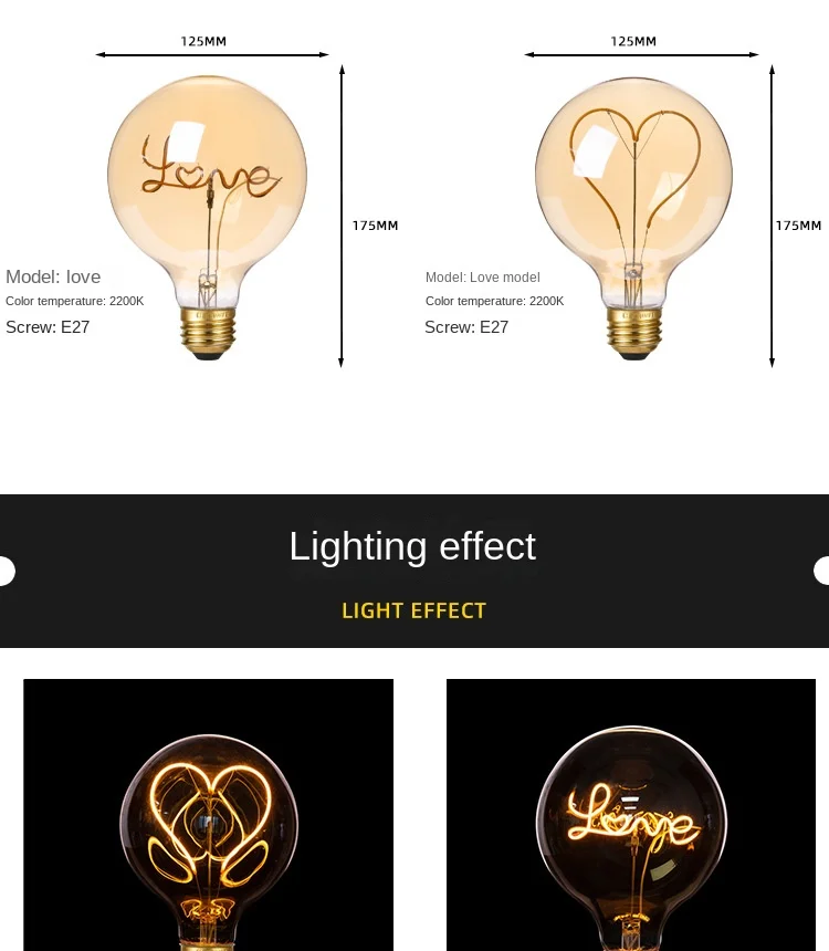Edison Light Bulb Soft Filament Light G125 LOVE HOME Cat 220V Personalized Creative Letter Light Warm Yellow Decorative Lamps