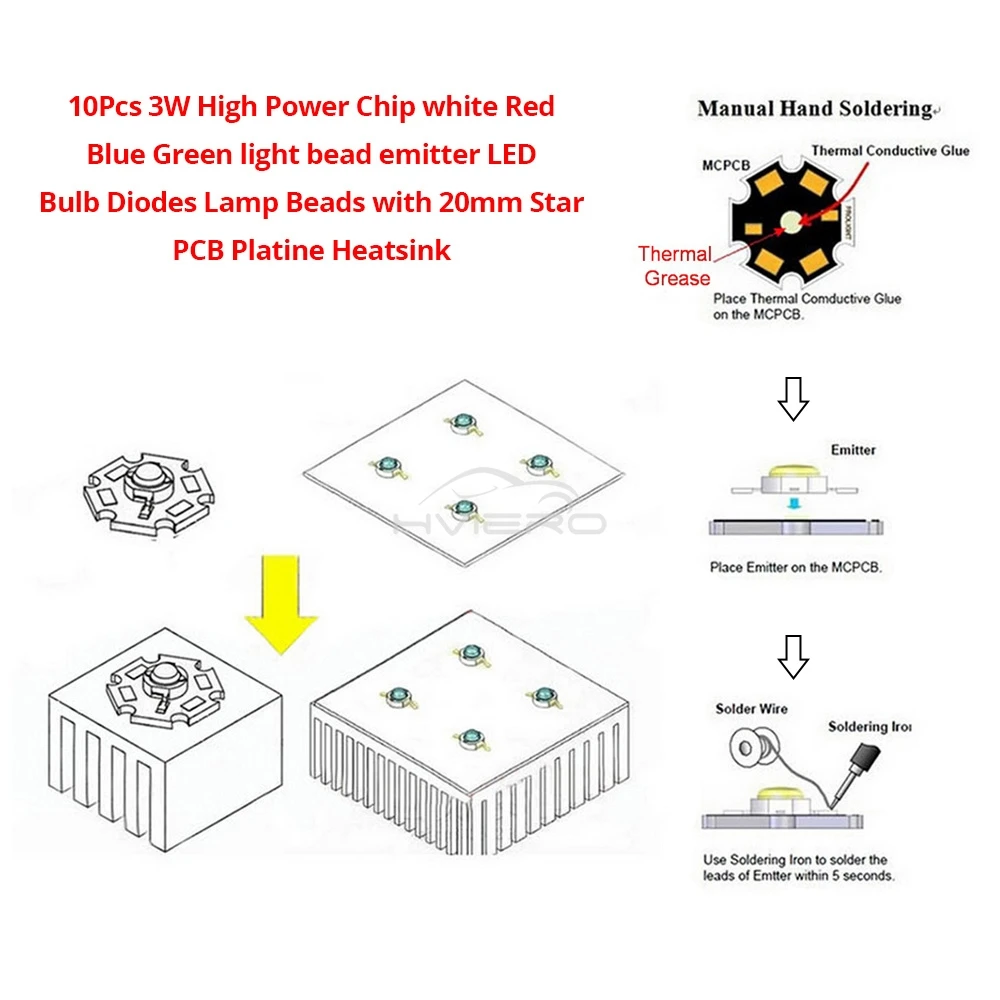 10X 20mm 3V 1W 3W High Power Chip Light Bead White Red Blue Green Led Beads Emitter LED Bulb Diodes Lamp with Star Min Heatsink