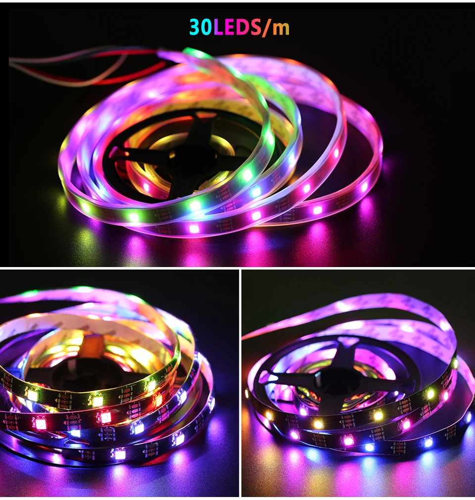 WS2812B LED Light DC5V Smart Pixel RGB Led Strip Light Individually Addressable IC IP30 IP65 IP67 Magic Tape Light Black PCB