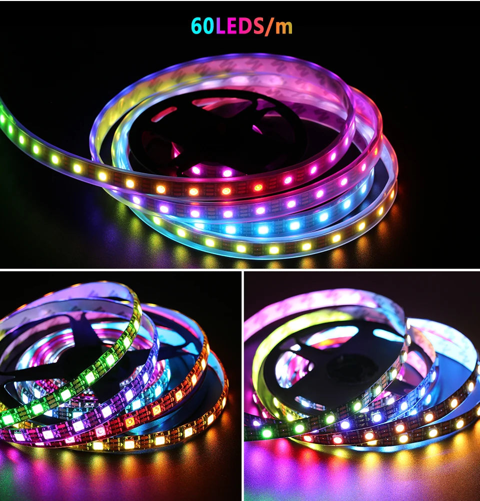WS2812B LED Light DC5V Smart Pixel RGB Led Strip Light Individually Addressable IC IP30 IP65 IP67 Magic Tape Light Black PCB