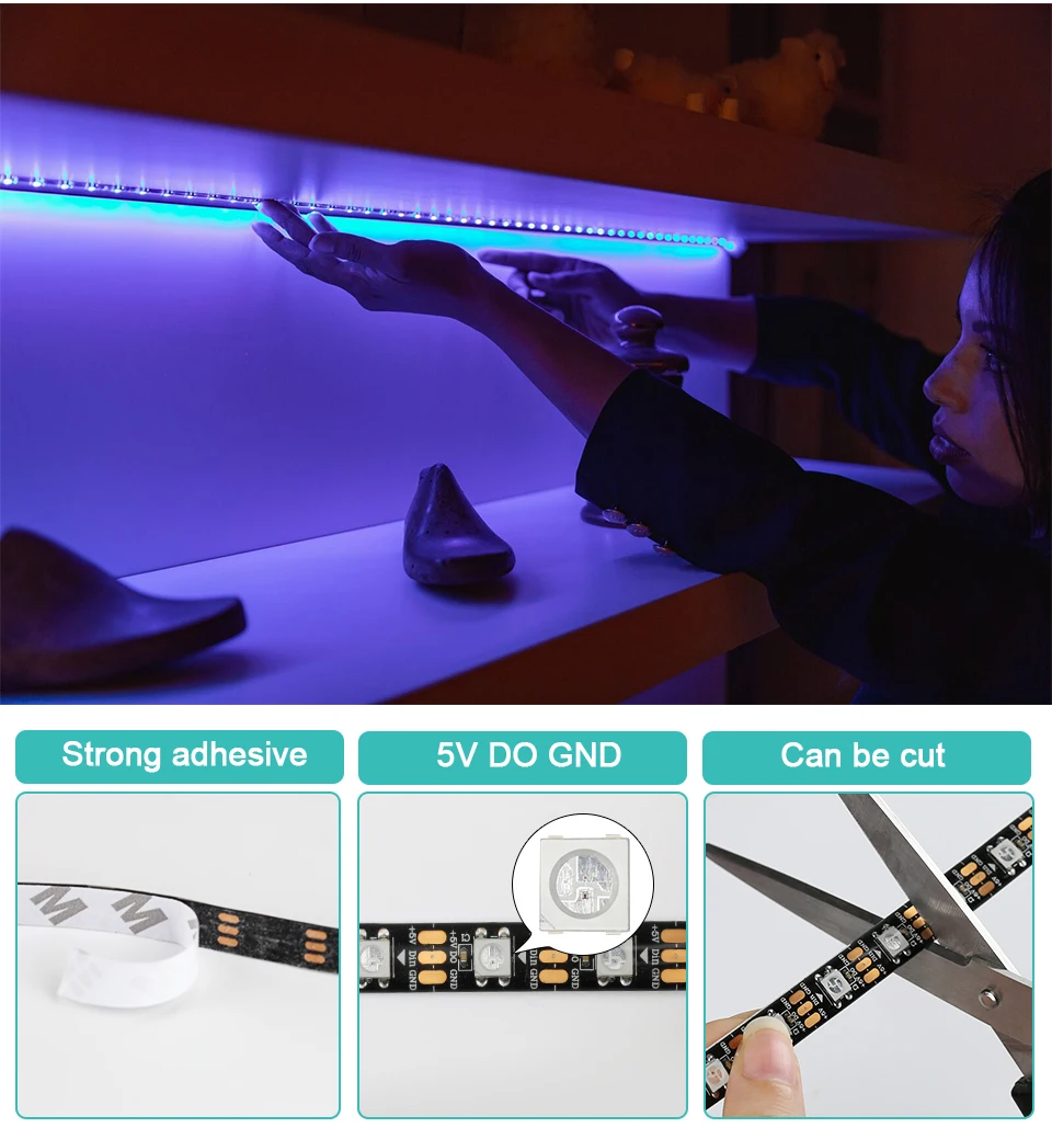 WS2812B LED Light DC5V Smart Pixel RGB Led Strip Light Individually Addressable IC IP30 IP65 IP67 Magic Tape Light Black PCB