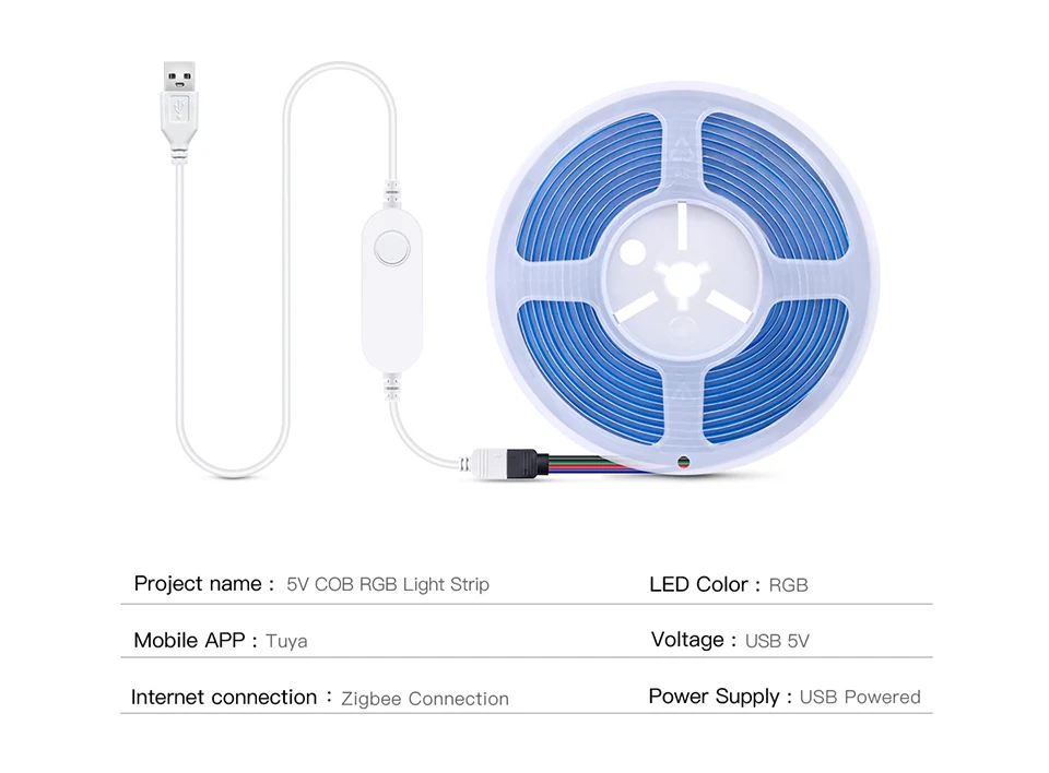 ZigBee W/WW/RGB LED Strip Smart Tuya Alexa Lights USB 5V Dimmable COB Neon Tape With LED Controller Home Room Bedroom Decoration
