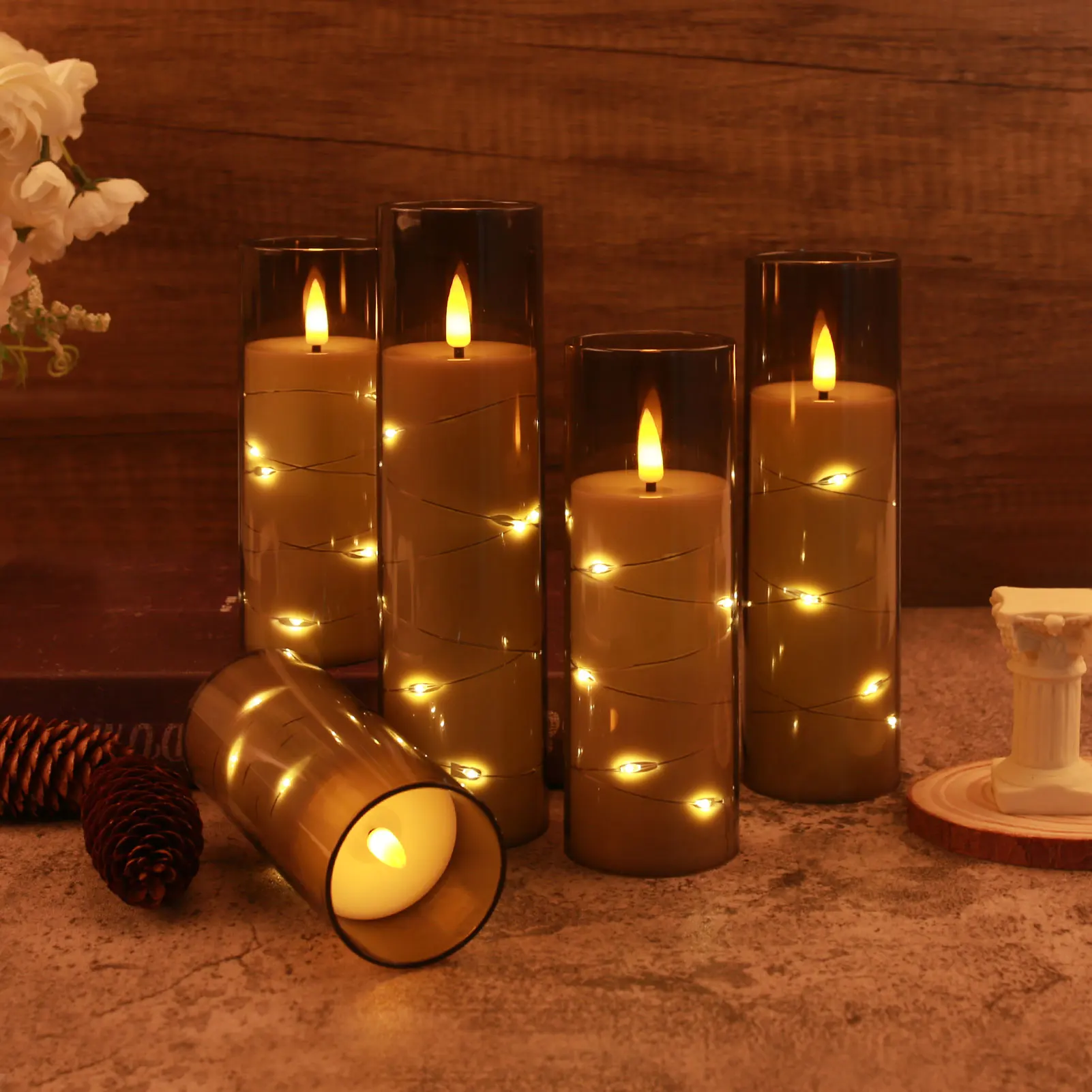 Flickering Flameless LED Pillar Candle Lights with Remote & Embedded Star String for Wishing Wedding Christmas Party Home Decor