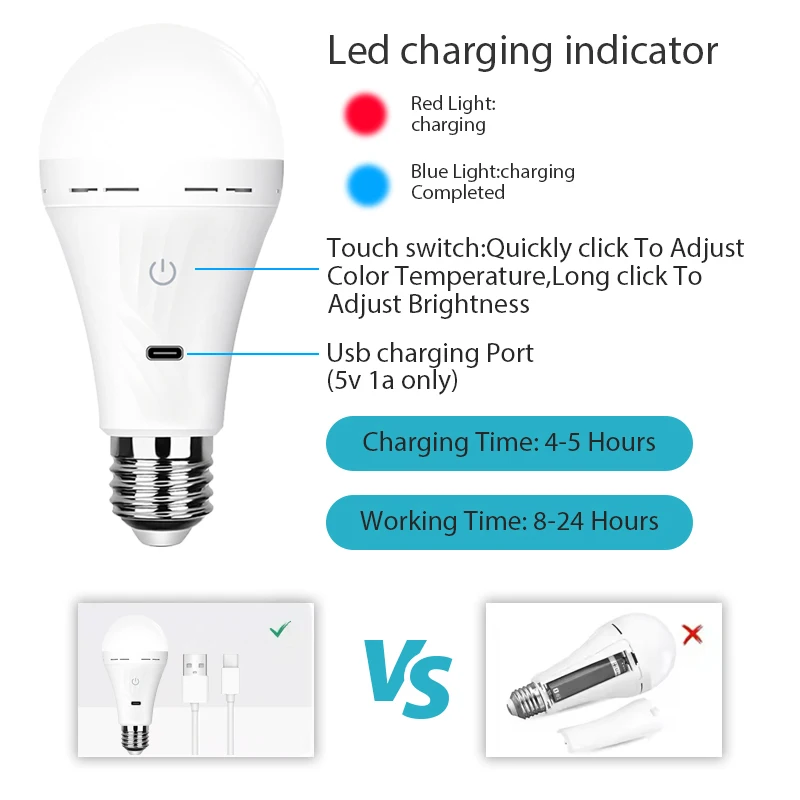 USB led Bulb e27 Rechargeable Light Bulb Smart Battery BulbTouch Control Dimmable LED Bulbs with Timing