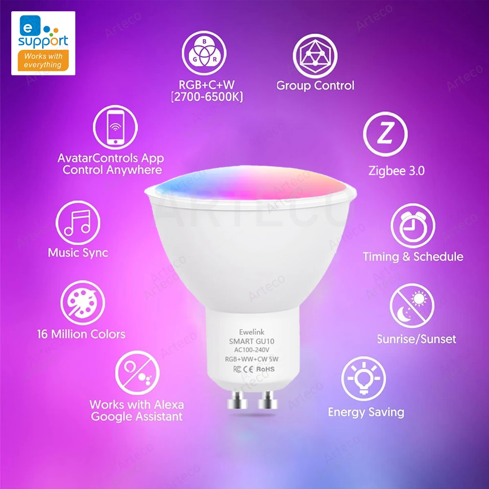 Ewelink GU10 Zigbee LED Bulbs WiFi Smart LED Lamp RGB CW WW Ewelink App Control Led Light Bulb Works With Alexa Google Yandex