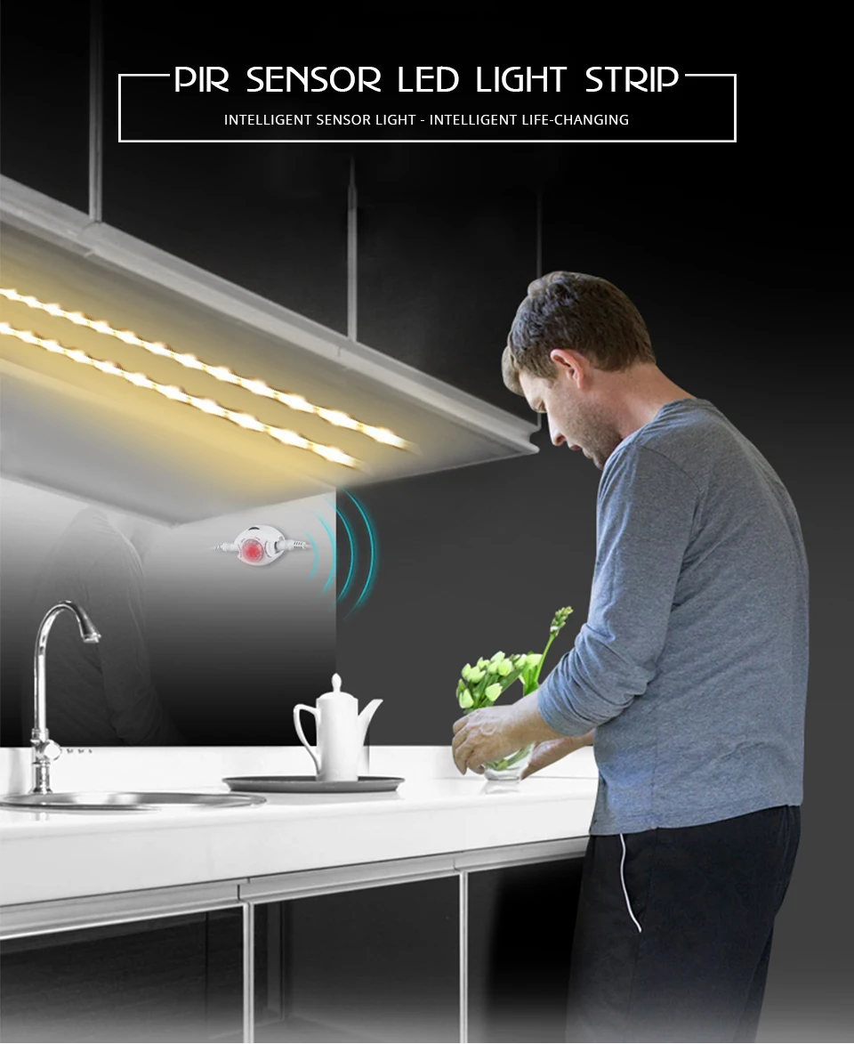 1M-5M PIR Motion Sensor LED Strip Lights IP65 Waterproof DC 12V Light Strip For Stairs Wardrobe Closet Kitchen Smart On/Off Lamp