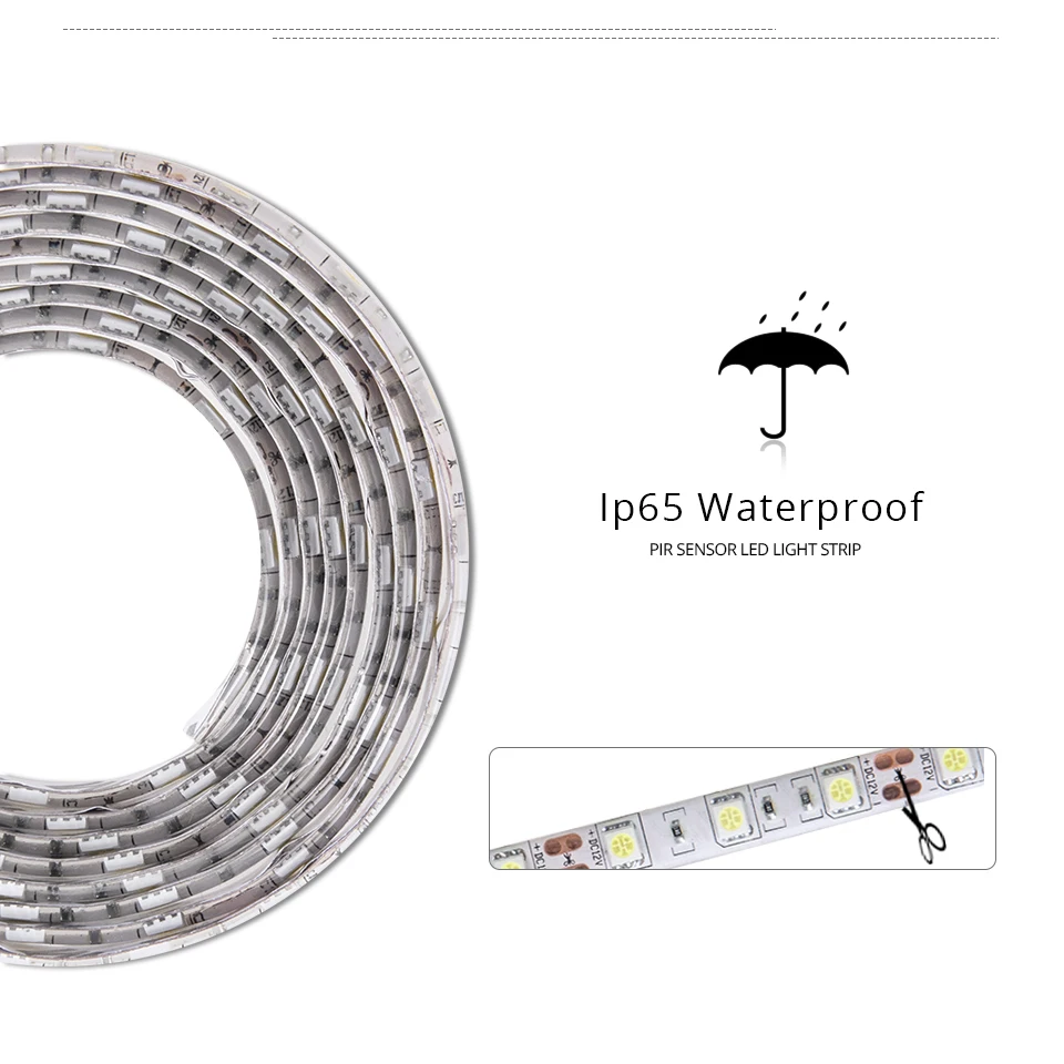 1M-5M PIR Motion Sensor LED Strip Lights IP65 Waterproof DC 12V Light Strip For Stairs Wardrobe Closet Kitchen Smart On/Off Lamp