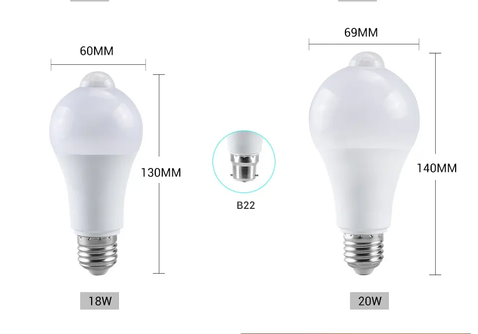 PIR Motion Sensor Light Bulbs E27 12W 15W 18W 20W LED Lamp Auto Smart Infrared B22 LED Bulb Energy Saving Lamp Porch Light