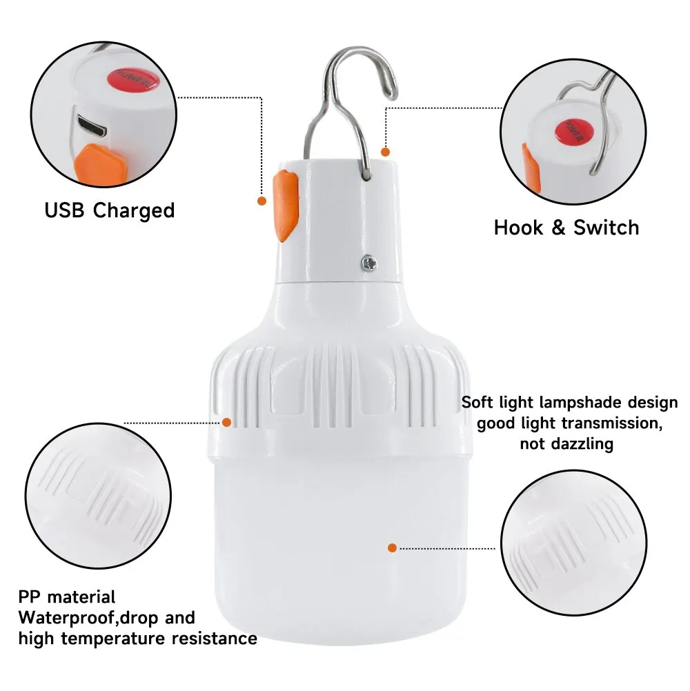 Outdoor LED Bulb USB Rechargeable Mobile Lamp Super Bright Portable Tent Market Hook Up Night Lights Camping Emergency Lights