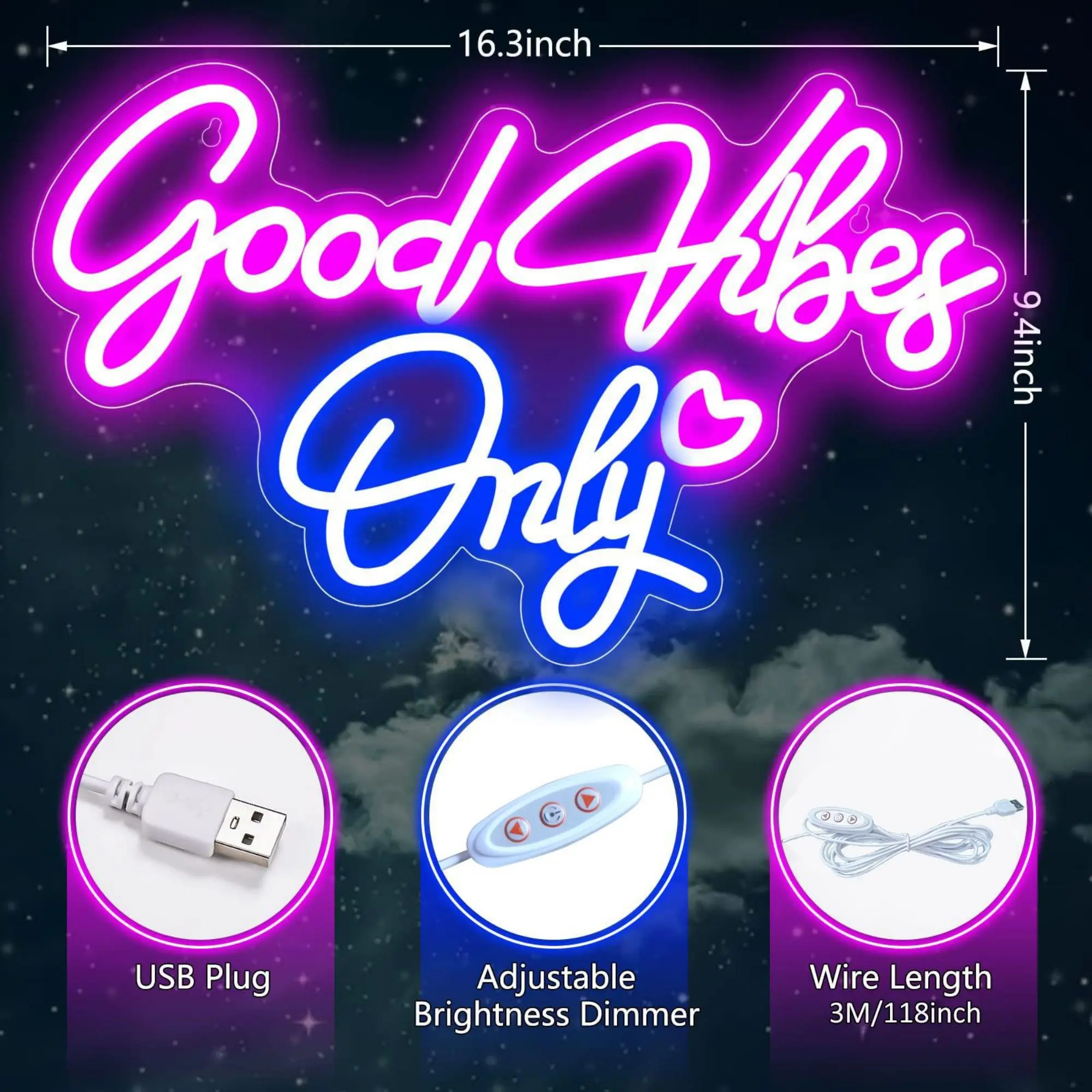 Good Vibes Only Neon Sign for Wall Decor LED Light for Bedroom Powered by USB with Dimmable Switch, Neon Light Sign for Bedroom