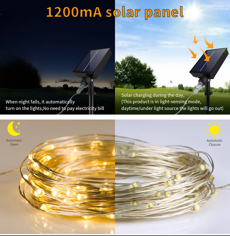 Fast Charge Solar String Fairy Lights 10M-100M LED Waterproof Outdoor Garland Large Solar Panel Lamp Christmas For Garden Decor