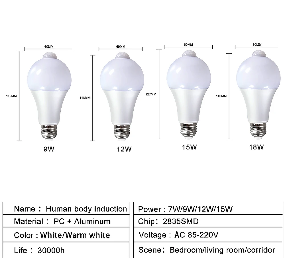 85-265V E27 PIR Motion Sensor Lamp 9W 12W 15W 18W LED Bulb with Motion Sensor Infrared Radiation Motion Detector Security Light